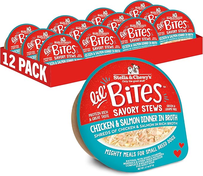 Stella & Chewy's Lil Bites Savory Stews for Small Breeds Chicken & Salmon Dinner in Broth, 2.7 oz. Cups (Pack of 12)