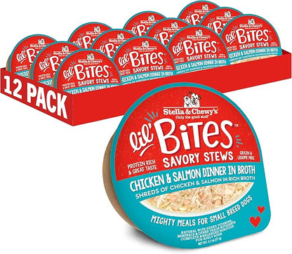 Stella & Chewy's Lil Bites Savory Stews for Small Breeds Chicken & Salmon Dinner in Broth, 2.7 oz. Cups (Pack of 12)