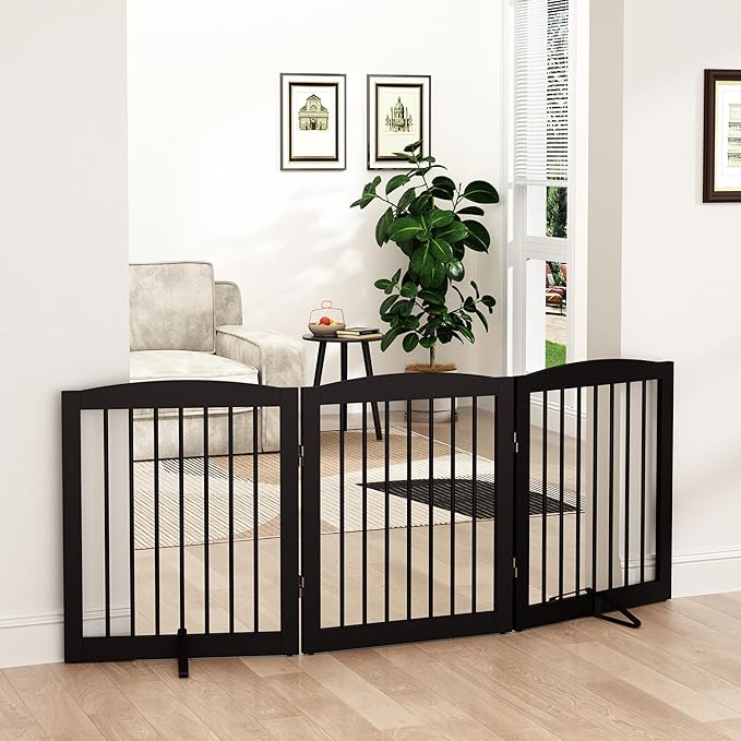 PUPETPO Freestanding Pet Gate for Dogs, Foldable Wooden Dog Gate for House, Indoor Dog Gate for Doorways, Stairs, Gates for Dogs Indoor, Support Feet Included, 24" Height 3 Panels, Brown