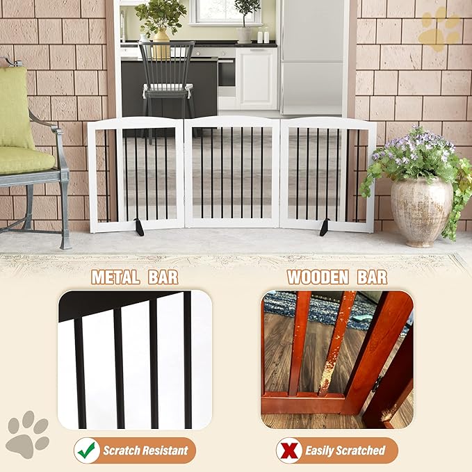 PUPETPO Freestanding Wooden Pet Gate for House, Foldable Indoor Dog Gate for Doorways, Stairs - 24" Height, 3 Panels, White