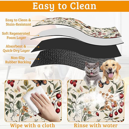 Butterfly Flower Dog Food Mat,Vintage Berry Absorbent Pet Feeding Mat for Food and Water Bowl,Quick Dry Dog Placemat Non Slip Rubber Backing Waterproof Pet Supplies 16" x 24"