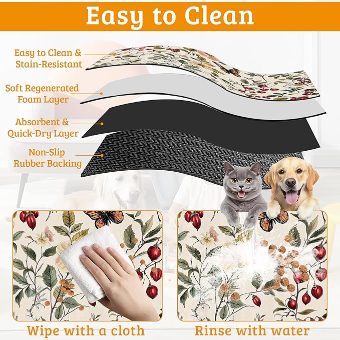 Butterfly Flower Dog Food Mat,Vintage Berry Absorbent Pet Feeding Mat for Food and Water Bowl,Quick Dry Dog Placemat Non Slip Rubber Backing Waterproof Pet Supplies 12" x 20"