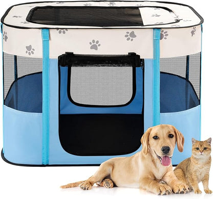 Avont Portable Dog Cat Playpen, Foldable Pop Up Pet Play Pen Travel Crate with Floor and Mesh Door Top for Indoor Outdoor Collapsible Tent Cage -S, Blue
