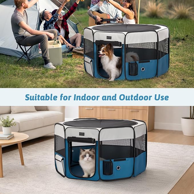 PETSFIT 29" Puppy Playpen with Removable Waterproof Mat & Zippered Roof | RV, Camping, Travel Dog Pen | Indoor/Outdoor Whelping & Cat Observation Space(29.5"x29.5"x16.5"H)