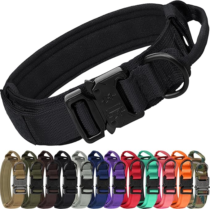 Joytale Tactical Dog Collar with Handle and Metal Buckle, Heavy Duty Padded Military Collar with 2 Patches for Training, Adjustable for XLarge Dogs, Black, XL