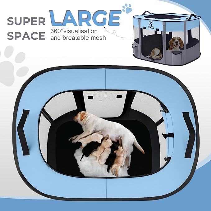 Foldable Dog Cat Playpen, Portable Dog Crate for Puppies, Cat, Puppy Play Pen for Indoors, Kennel Tent Crate for Indoor Outdoor Travel Camping Use with Carrying Case (Blue, L)