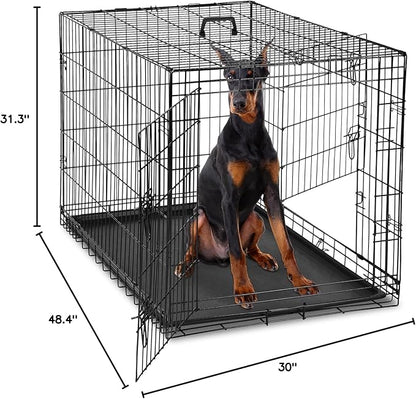 DUMOS Dog Crate, 48 Inch Extra Large Double Door Dog Cage with Plastic Leak-Proof Pan Tray, Folding Metal Wire Pet Kennel for Indoor, Outdoor, Travel