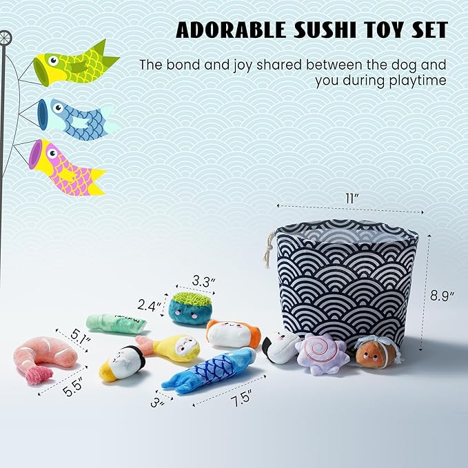 Nocciola 10 PC Sushi Squeaky Small Dog Toys, Cute Stuffed Puppy Toys with Bag, Plush Dog Squeaky Toy for Small Medium to Keep Them Busy