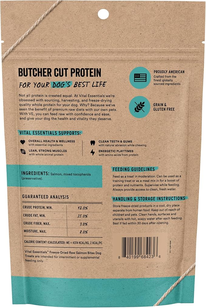 Vital Essentials Freeze Dried Dog Treats | Salmon Bites, Single Protein | Premium Quality | Grain Free Training Treats for Dogs, 5 oz Bag