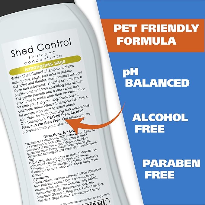 Wahl USA Shed Control Pet Shampoo for Dog Shedding & Dander – Lemongrass & Sage Scent - Contains Oatmeal, & Aloe for Healthy Coats & Moisturized Skin – 24 Oz - Model 820005A