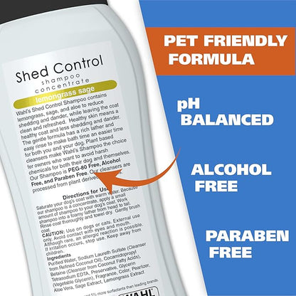 Wahl USA Shed Control Pet Shampoo for Dog Shedding & Dander – Lemongrass & Sage Scent - Contains Oatmeal, & Aloe for Healthy Coats & Moisturized Skin – 24 Oz - Model 820005A