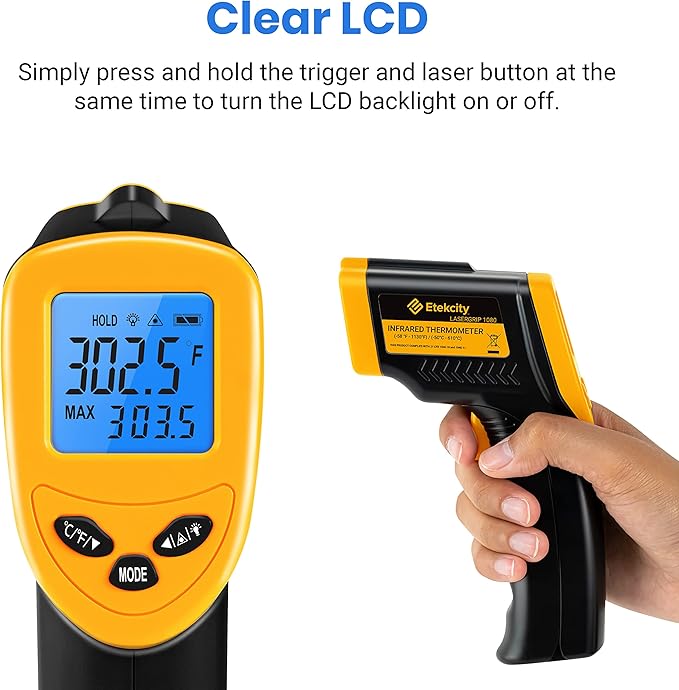 Etekcity Infrared Thermometer Laser Temperature Gun 1080, -58°F~ 1130°F for Meat Food Candy Pizza Oven, Heat Gun for Cooking, Kitchen, Fridge, Reptile, BBQ, HAVC, Adjustable Emissivity & Max Measure
