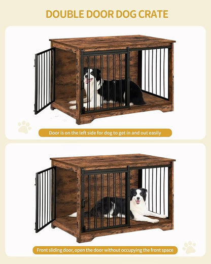 Hzuaneri 39.3" Dog Crate Furniture with Barn Door, Heavy Duty Dog Kennel Indoor with 2 Doors, Wooden Pet Cage End Table for Large Small Medium Dogs, Anti-Chew Anti-Escape, Rustic Brown DFC02301B