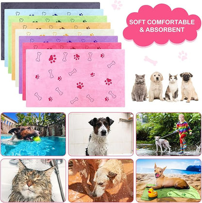 Chumia 8 Pcs Dog Towels for Drying Dogs Cats Pet Towels Bulk Puppy Microfiber Fast Drying Paw Bath Bathing Supplies Absorbent for Medium Pets(18 x 28 Inch,Dog Paw and Bone,Sweet Color)