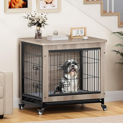 YITAHOME Dog Crate Furniture with Cushion, Dog Kennel Indoor with Wheels, Dogs Crate End Table with Tray, 27" Cage with Double Doors for Small Dogs (Gray)