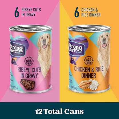 A Strong Heart Wet Dog Food Variety Pack, Ribeye Cuts in Gravy & Chicken and Rice Dinner, Made with Real Beef & Chicken, Made in The USA, 13.2 oz Can (Pack of 12)