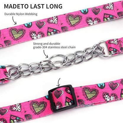 Martingale Dog Collar with Stainless Steel Chain - Limited Chain Cinch Training Collar for No Pull Training Dog - Flower Multicolor Cute Patterns - Premium No Slip Collar (HA12NO10, M)