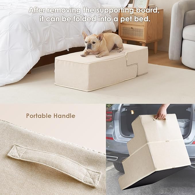EHEYCIGA Dog Stairs for Bed 20" H, 4-Step Extra Wide Dog Steps for High Bed, Pet Steps for Small Dogs and Cats, Non-Slip Balanced Pet Ramp Indoor, Beige