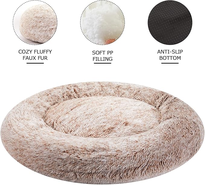 Bedfolks Calming Donut Dog Bed, 36 Inches Round Fluffy for Large Dogs, Anti-Anxiety Plush, Machine Washable (Brown, Large)