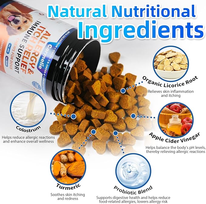 Carmelie Dog Allergy Chews 200 Chews - Dog Itching Skin Relief & Yeast - Itchy Skin and Ears & Anti Licking Paw Relief, Seasonal Allergies, Probiotics Gut Digestive, Skin & Coat Immunity - Chicken
