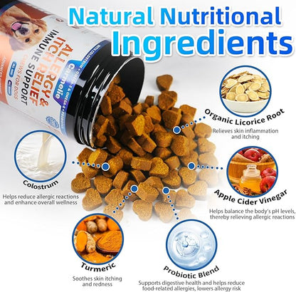 Carmelie Dog Allergy Chews 200 Chews - Dog Itching Skin Relief & Yeast - Itchy Skin and Ears & Anti Licking Paw Relief, Seasonal Allergies, Probiotics Gut Digestive, Skin & Coat Immunity - Chicken