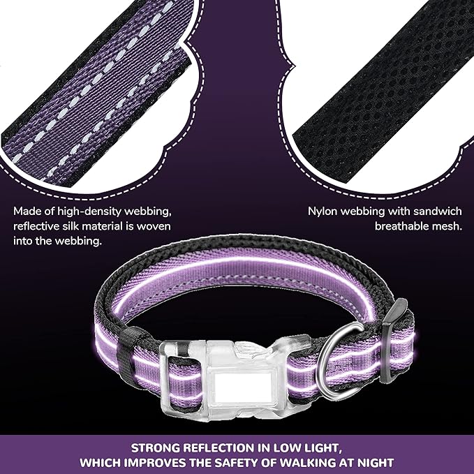 Reflective Dog Collar for Large Dogs Mesh Padded Large Dog Collar, Adjustable Pet Collar with Quick Release Buckle, Durable Breathable &Fade Resistant-Purple