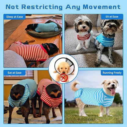 2 Packs Breathable Cotton Dog Recovery Suit for After Neuter Spay Abdominal Wounds Protector, Professional Anti-Licking Onesies for Male Female Pets Surgery Bandages, S Red & Blue Stripes