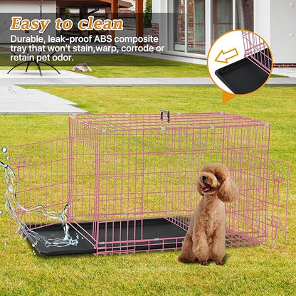 Dog Crate Dog Kennel Cage for Small Dogs, 24" Portable Foldable Indoor Outdoor Large Double Door Wire Metal Puppy Cat Pet Dog Cage with ABS Tray LC & Divider, Pink