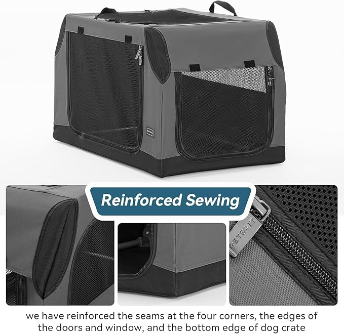 PETSFIT Collapsible Dog Crate, Portable Dog Crate - 24 Inch Sturdy Adjustable Structure, Easy to Set Up, Portable Dog Crate for Car, Light Tough with 3 Mesh Doors Grey
