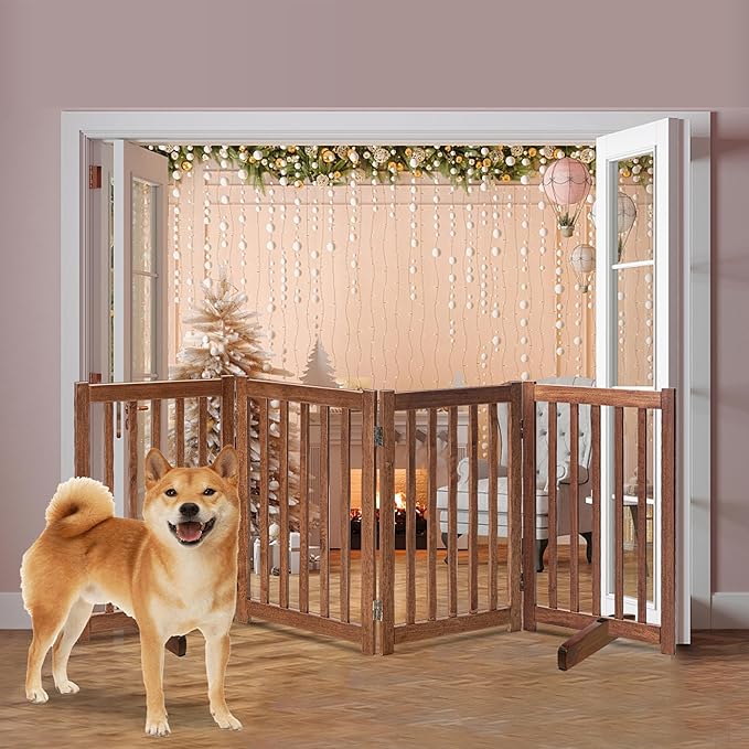 LZRS Freestanding Extra Wide Dog Gate 30 inch Tall - 4 Panels Solid Wooden Pet Gate for Doorways, Stairs, Hallways,Kitchens& Long Areas, Expandable & Foldable with Support Feet,Indoor Use,Oak