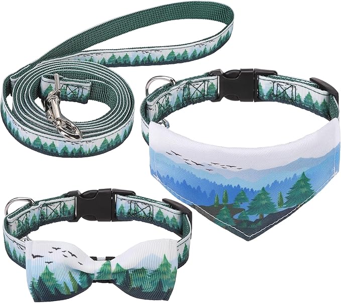 EXPAWLORER Small Dog Collar and Leash Set - Adjustable Dog Bandana Collar with Bell, Cute Dog Collar with Bow, Green Trees Pattern Pet Collar for Small Dogs Cats for Walking Training