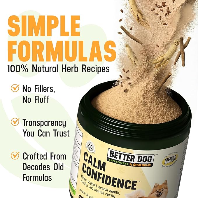 Better Dog Supplements Calm Confidence by Cesar Millan Natural Brain Support & Dog Cognitive Supplement – Energy, Vitality & Focus Supplement with Ashwagandha & Other Herbs – 4oz (60-Day Supply)