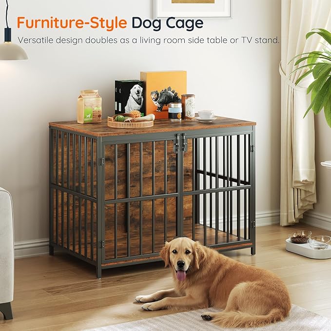HOOBRO 38.6" Dog Crate Furniture, Wooden Dog Kennel Indoor, Heavy Duty Dog Cage for Small/Medium Dog, Decorative Side End Table, Rustic Brown and Black BF100GW03