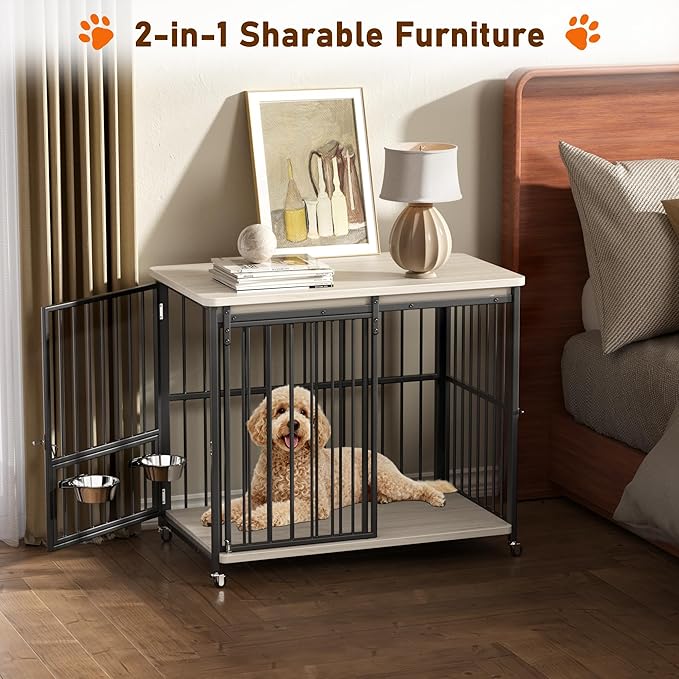 Dog Crate Furniture, 42’’ Wooden Dog Kennel Indoor with Sliding Front Door, Multi-Side Openings & Feeding Window Pet Cage House as TV Stand, End Table(Beige)