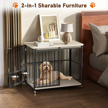 Dog Crate Furniture, 42’’ Wooden Dog Kennel Indoor with Sliding Front Door, Multi-Side Openings & Feeding Window Pet Cage House as TV Stand, End Table(Beige)