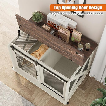 TROPOW Dog Crate Furniture,37 Inch Dog Kennel Furniture, Sliding Barn Door, Flip Top Dog Crate End Table with Removable Divider, Farmhouse Dog Cage for Small to Middle Size Dogs