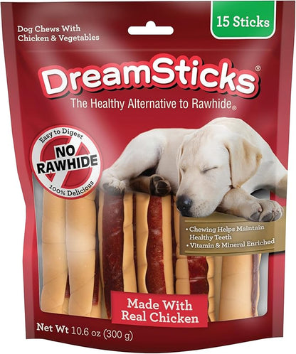 DreamBone DreamSticks With Real Chicken Chews For Dogs, 15 Count, These Easy-to-Digest Rawhide-Free Chews are a Dog’s Favorite Distraction