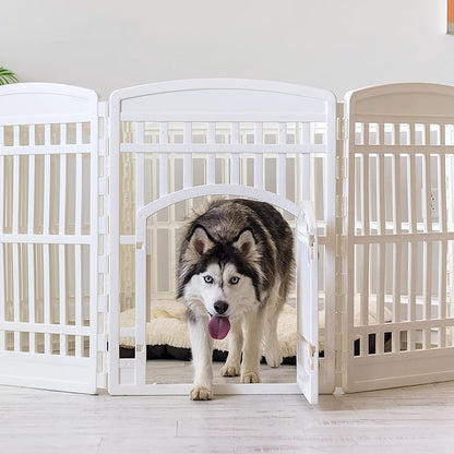 IRIS USA Dog Playpen with Door, 34” 8 Panel Pet Exercise Pen – Indoor Outdoor Puppy Play Pen, Portable Plastic Pet Fence for Small Medium Dogs, Foldable 63” x 63” x 34”, White