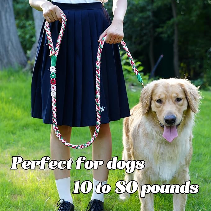 Handmade 5ft Braided Cotton Dog Leash with Unique Floral Handle, Durable and Stylish, Ideal for Small to Large Dogs,Strawberry