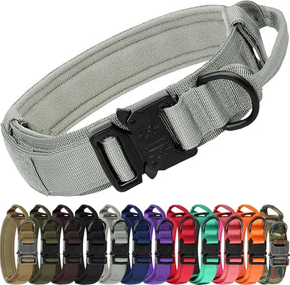 Joytale Tactical Dog Collar with Handle and Metal Buckle, Heavy Duty Padded Military Collar with 2 Patches for Training, Adjustable for Large Dogs, Gray, L