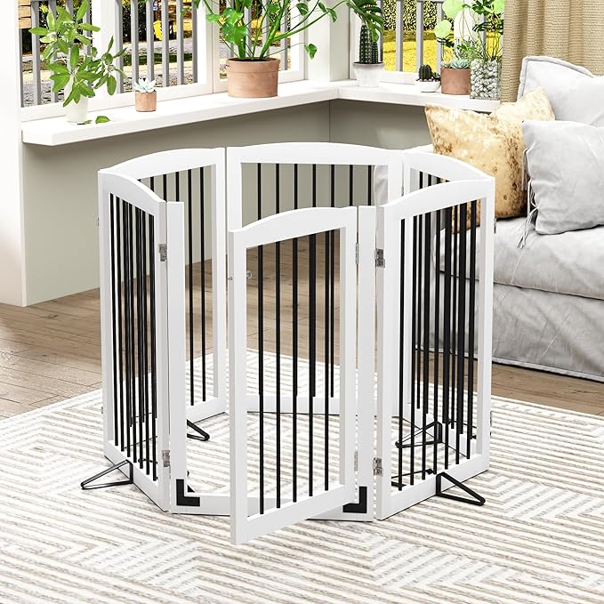 PUPETPO Freestanding Pet Gate with Door, Tall Dog Gate for House, Extra Wide, Pet Puppy Safety Fence, Support Feet Included, 120 Inch Wide, 6 Panels 32" Tall, White & Black