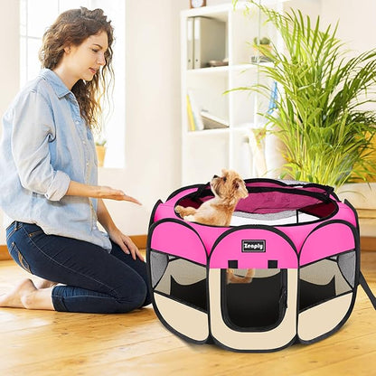 Portable Pet Dog Playpen, Pet Playpen Foldable Extra Heavy Duty Pop Up No Assembly Kennel Tent Crate Indoor Outdoor with Shade Ventilation Mesh for Small Animals, Kitten, Cat, Rabbit (Hot Pink)