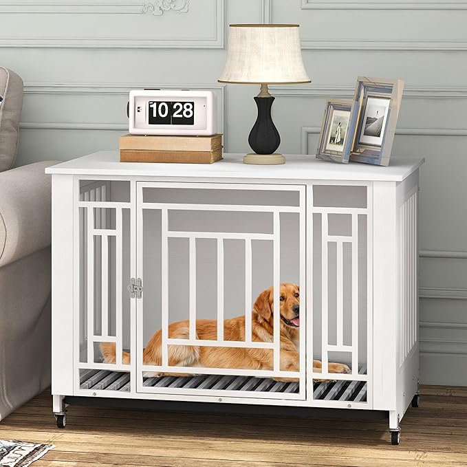 DWVO Dog Crate Furniture with Wheels, 38 Inch Dog Kennel Indoor Heavy Duty End Table Dog Crate for Large Medium Dogs, Decorative Wooden Dog Cage Table with Removable Tray, Chew-Resistant, White