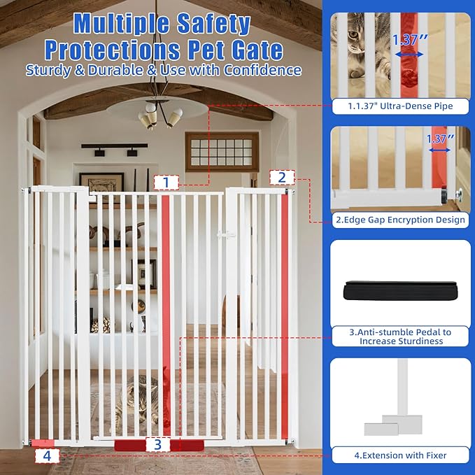 SHYUJAJIE 55 Inch Extra Tall Pet Gate for Cats,29.92"-48" Adjustable Wide Dog Gates,Pressure Mounted Walk Through Tall Pets Gate for Doorways,Hallway,Stairs(White)