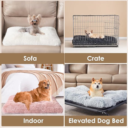 EHEYCIGA Fluffy Dog Crate Bed for Extra Large Dogs, Plush Faux Fur XLP Pad, Calming Anti Anxiety XL Plus Bed for Crate, Washable Soft Warm Dog Mat with Non-Slip Bottom, Pink