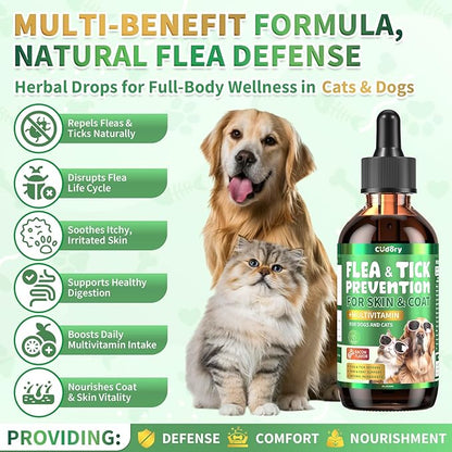Oral Flea & Tick Prevention for Dogs and Cats, Natural Flea and Tick Defense Drops with Multivitamin for Pets - Supports Healthy Skin & Coat - Flea Herbal Drops All Breeds and Sizes - Bacon Flavor