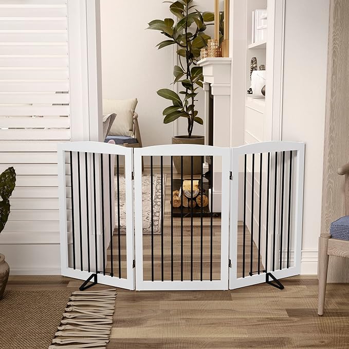 PUPETPO Freestanding Pet Gate for Dogs, Foldable Wooden Dog Gate for House Indoor, Tall Pet Fence for Stair, Doorway,Hall, Support Feet Included, 3 Panels 32",White
