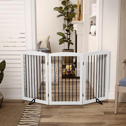 PUPETPO Freestanding Pet Gate for Dogs, Foldable Wooden Dog Gate for House Indoor, Tall Pet Fence for Stair, Doorway,Hall, Support Feet Included, 3 Panels 32",White