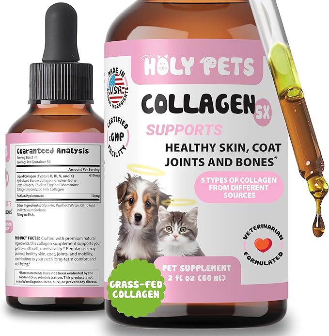 Grass-Fed Liquid Collagen for Dogs & Cats – 5 Types I, II, III, V, X – Joint, Skin & Coat Support – Hyaluronic Acid – Hydrolyzed Bovine, Fish & Chicken Collagen – 2oz, 30 Servings