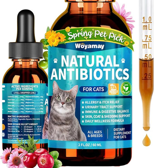 Woyamay Antibiotics for Cats, Natural Antibiotic for Allergy Relief, Urinary Tract Health, Itch Relief & Digestion Care, Cat Allergy Relief for Cats, Cat Immune Support Supplement, 2 Fl Oz